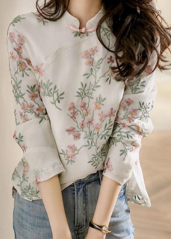 Unique Beige Print Linen Blouses Spring - Image 3