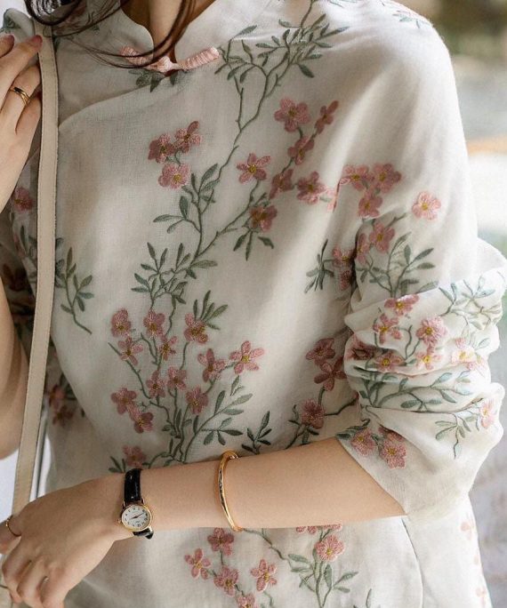 Unique Beige Print Linen Blouses Spring
