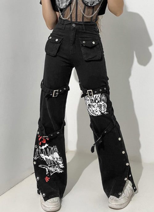 Unique Black Button Print Pockets Denim Pants Summer