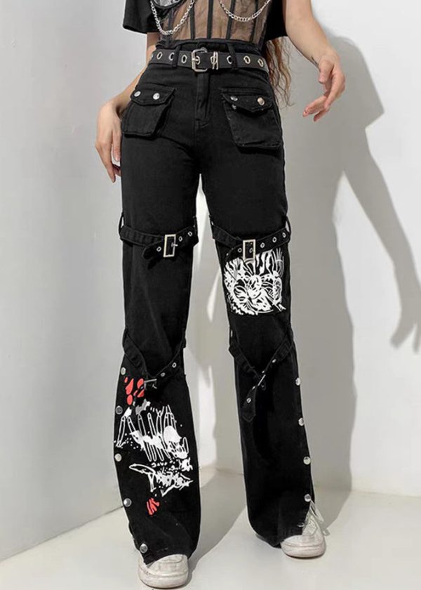 Unique Black Button Print Pockets Denim Pants Summer - Image 2