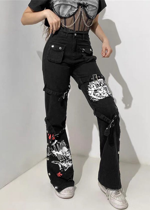 Unique Black Button Print Pockets Denim Pants Summer - Image 3
