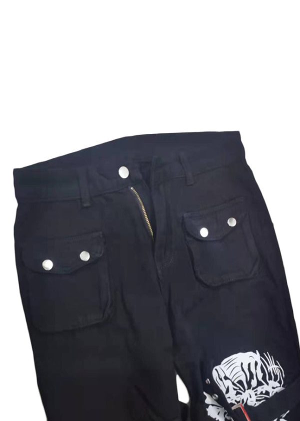 Unique Black Button Print Pockets Denim Pants Summer - Image 5