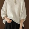 Unique Blouse Indian Linen Summer Literary White Hooded Three Quarter Sleeve T-shirt