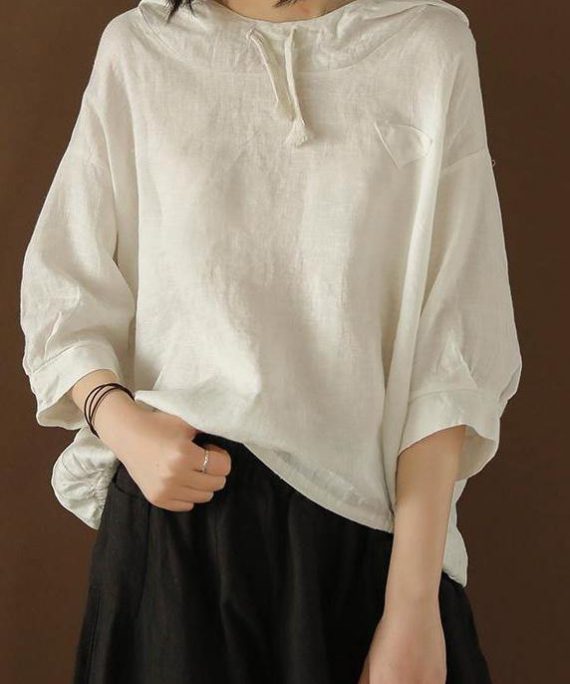 Unique Blouse Indian Linen Summer Literary White Hooded Three Quarter Sleeve T-shirt
