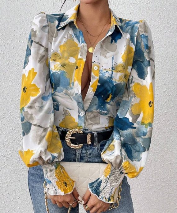 Unique Blue Button Print Cotton Blouses Spring