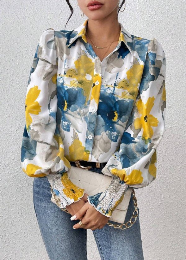 Unique Blue Button Print Cotton Blouses Spring - Image 2