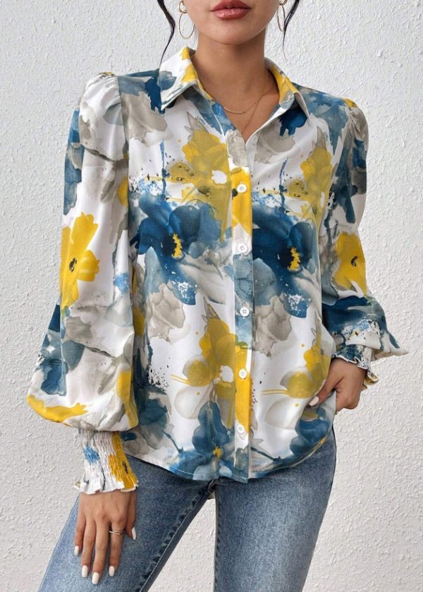 Unique Blue Button Print Cotton Blouses Spring - Image 3