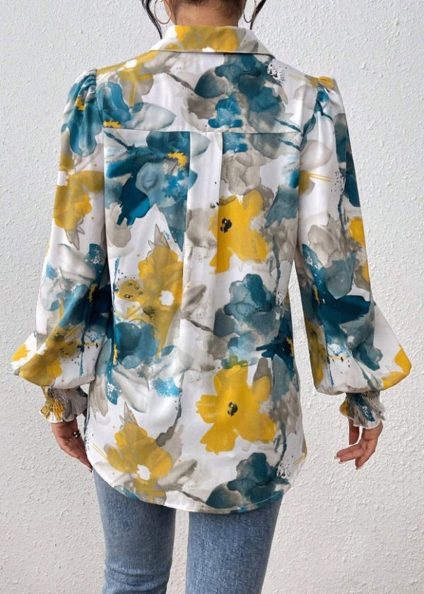 Unique Blue Button Print Cotton Blouses Spring - Image 4