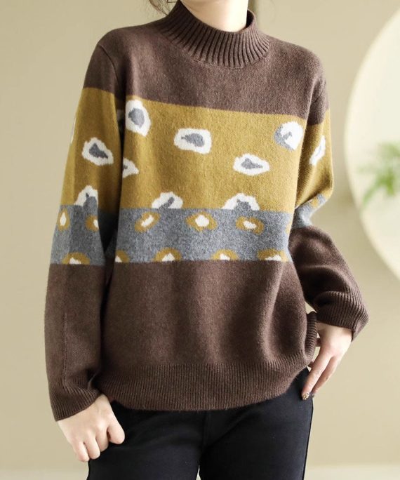Unique Coffee O Neck Thick Print Knit Sweater Spring
