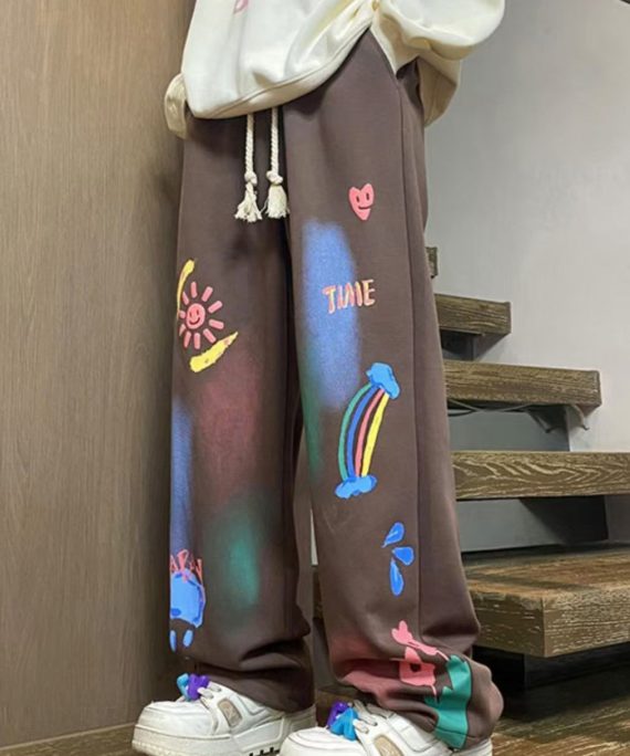 Unique Coffee Print Elastic Waist Cotton Men Pants Spring