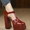 Unique Hollow Out Chunky High Heels Mulberry Patent Leather