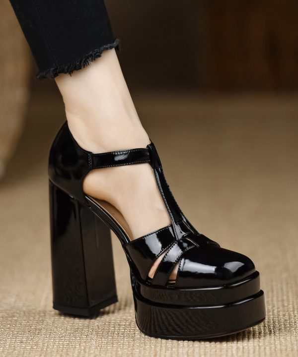 Unique Hollow Out Chunky High Heels Mulberry Patent Leather - Image 2