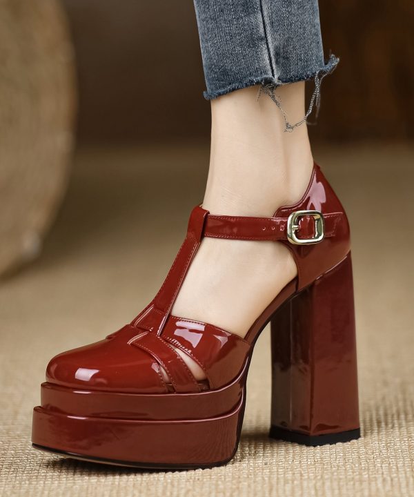 Unique Hollow Out Chunky High Heels Mulberry Patent Leather - Image 3