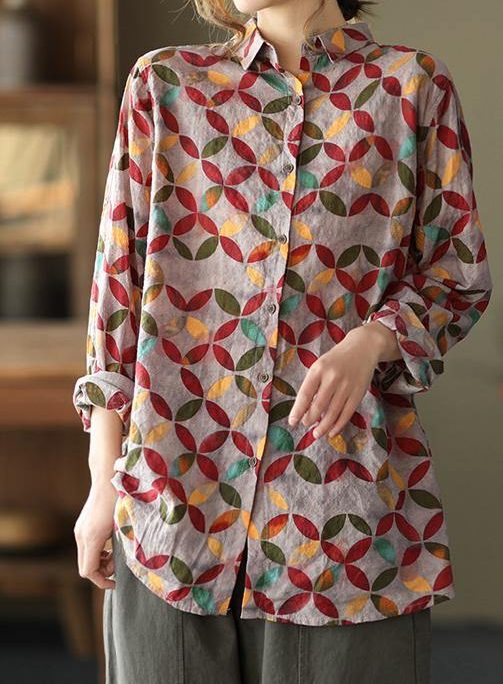 Unique Lapel Patchwork Spring Tunic Pattern Photography Red Print Blouse