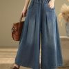 Unique Navy Elastic Waist Wrinkled Denim Wide Leg Pants Summer