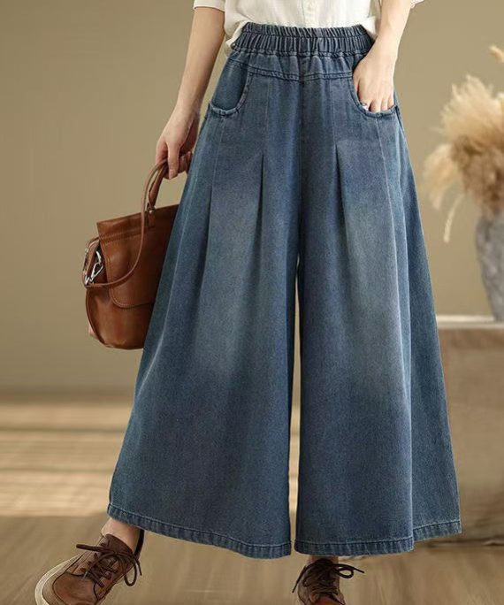 Unique Navy Elastic Waist Wrinkled Denim Wide Leg Pants Summer