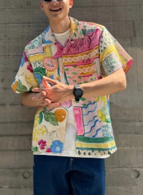 Unique Peter Pan Collar Button Print Cotton Men's Shirts Summer