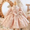 Unique Pink Bow Patchwork Pearl Thick Girls Maxi Dress Puff Sleeve