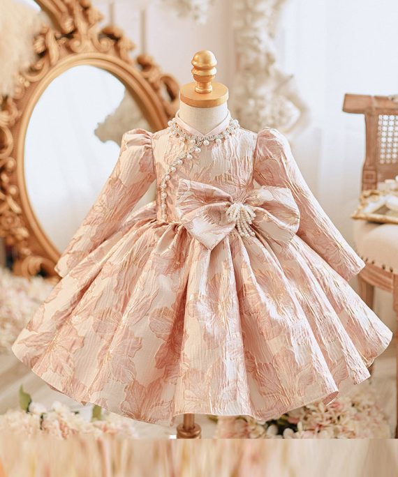 Unique Pink Bow Patchwork Pearl Thick Girls Maxi Dress Puff Sleeve