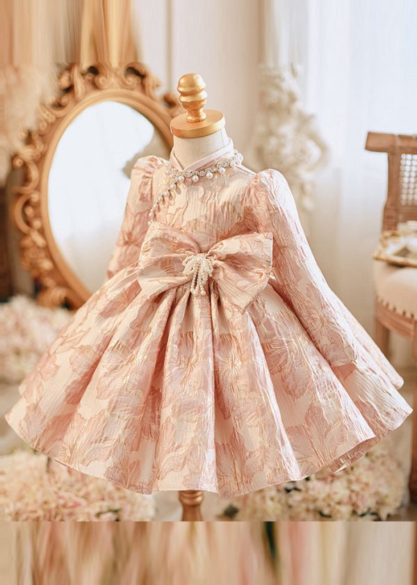 Unique Pink Bow Patchwork Pearl Thick Girls Maxi Dress Puff Sleeve - Image 3