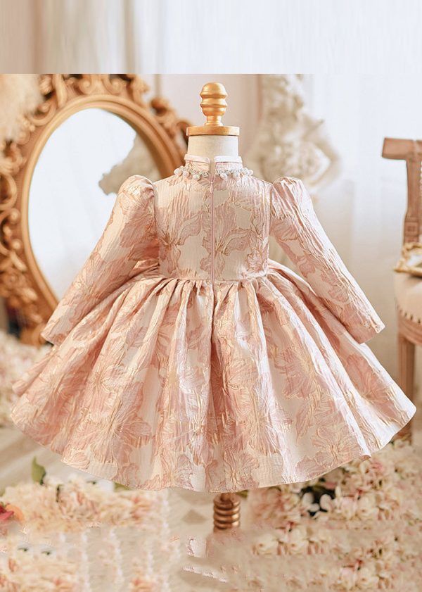 Unique Pink Bow Patchwork Pearl Thick Girls Maxi Dress Puff Sleeve - Image 4
