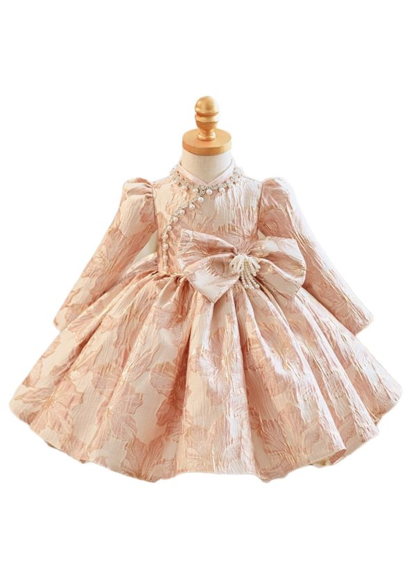 Unique Pink Bow Patchwork Pearl Thick Girls Maxi Dress Puff Sleeve - Image 5