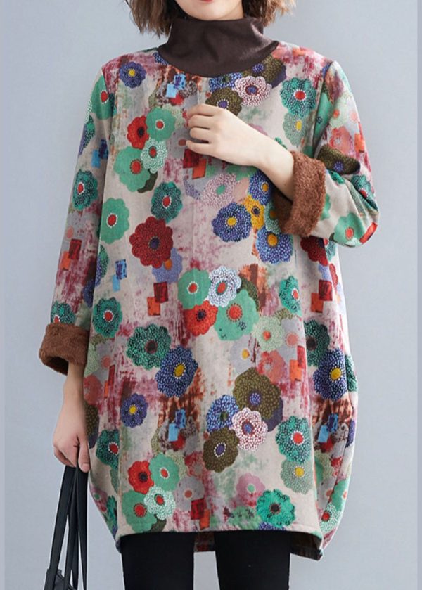Unique Rose Turtle Neck Print Warm Fleece Mini Dress Winter - Image 3