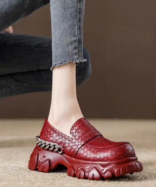 Unique Splicing Platform Versatile Loafers Red Faux Leather - Image 4