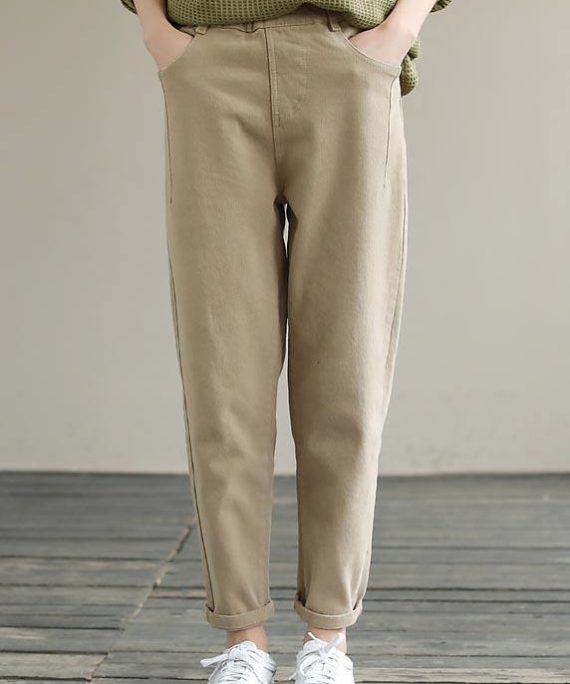 Unique Spring Chothes Plus Size Clothing Khaki Elastic Waist Jeans