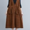 Unique V Neck Sleeveless cotton Spring Dresses Lnspiration Brown Robe Dress