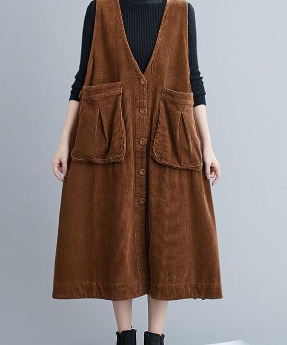 Unique V Neck Sleeveless cotton Spring Dresses Lnspiration Brown Robe Dress