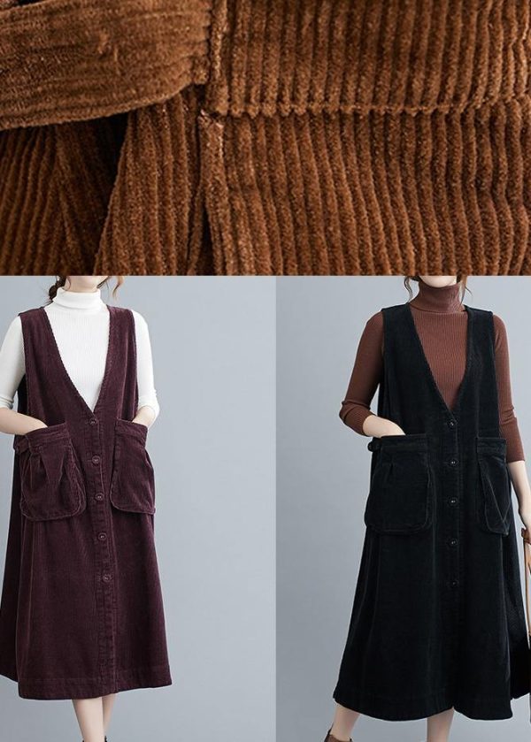 Unique V Neck Sleeveless cotton Spring Dresses Lnspiration Brown Robe Dress - Image 5