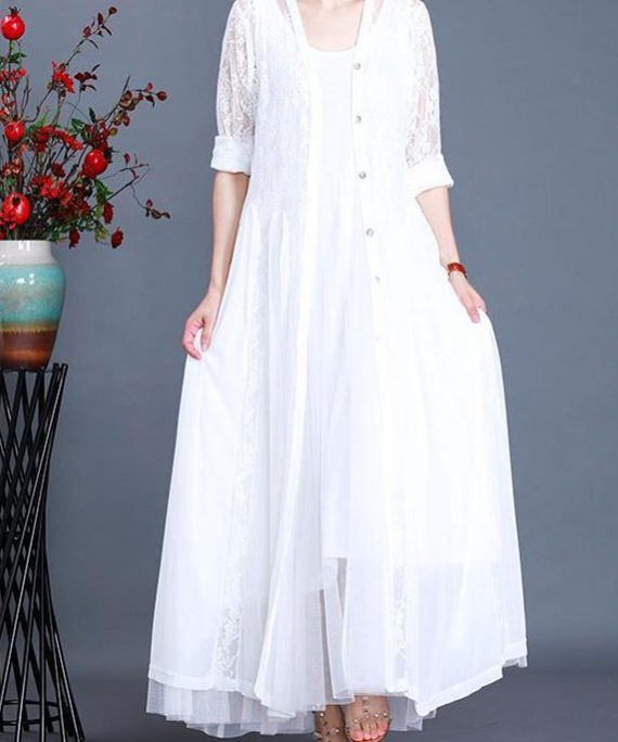 Unique White Summer Button Lace Long Cardigans