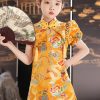 Unique Yellow Stand Collar Print Baby Girls Mid Dresses Summer