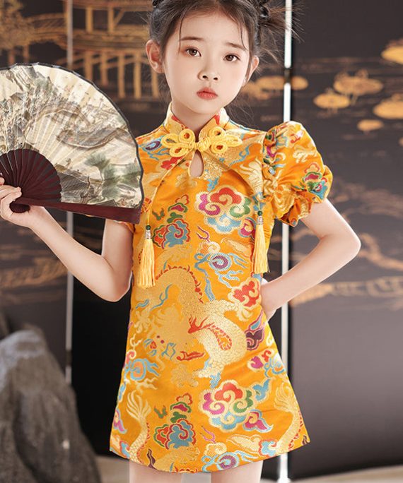 Unique Yellow Stand Collar Print Baby Girls Mid Dresses Summer