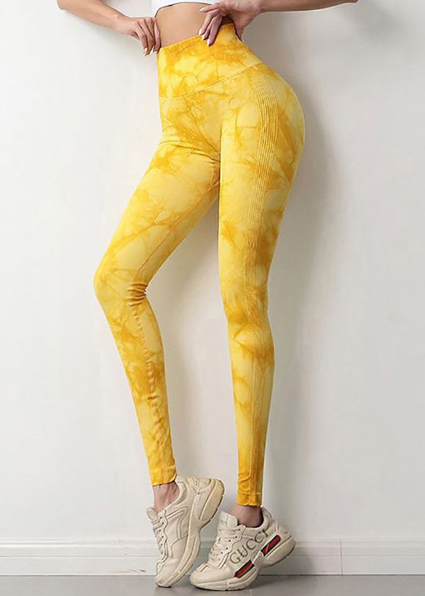 Unique Yellow Tie Dye Butt Scrunch Nylon Capri Gym Shark Leggings - Image 3