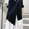 Unique black cotton clothes o neck asymmetric summer shirt