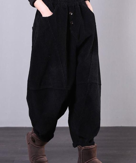 Unique black trousers oversized fall Corduroy pockets Cotton women trousers