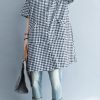 Unique black white plaid cotton linen shirts women stylish lapel pockets oversized Summer shirts