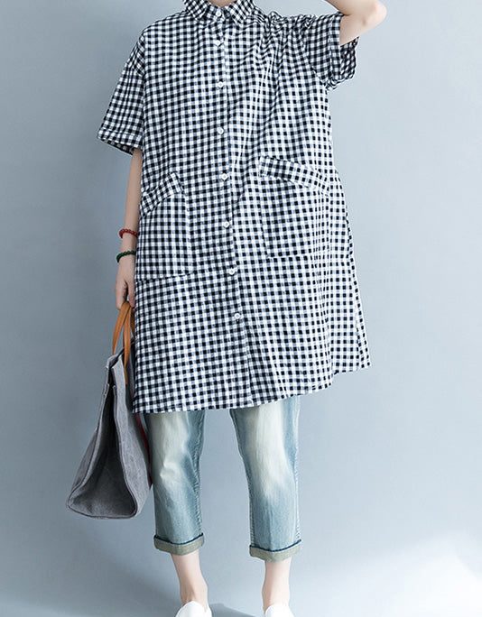 Unique black white plaid cotton linen shirts women stylish lapel pockets oversized Summer shirts