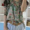Unique prints linen clothes half sleeve box fall blouses