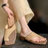 Vacation Style Apricot Woven Chunky Heel Clip Toe Slide Sandals