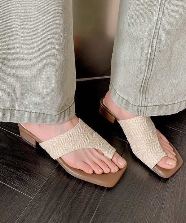 Vacation Style Apricot Woven Chunky Heel Clip Toe Slide Sandals - Image 2