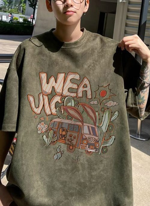 Vintage Army Green O Neck Print Faux Suede Men T Shirt Half Sleeve