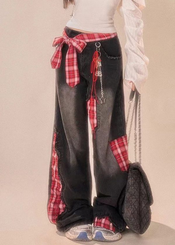 Vintage Black Bow Plaid Patchwork Denim Wide Leg Pants Summer - Image 2