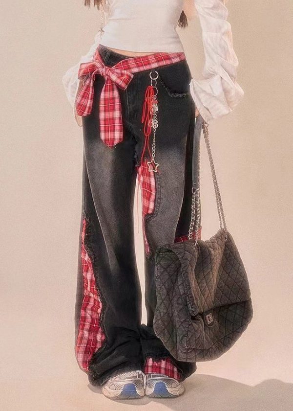 Vintage Black Bow Plaid Patchwork Denim Wide Leg Pants Summer - Image 3