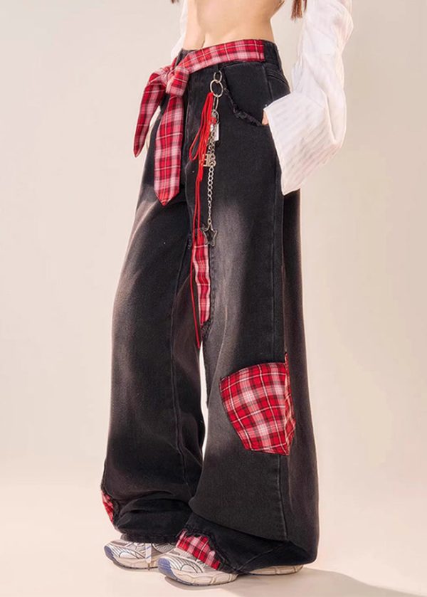 Vintage Black Bow Plaid Patchwork Denim Wide Leg Pants Summer - Image 4