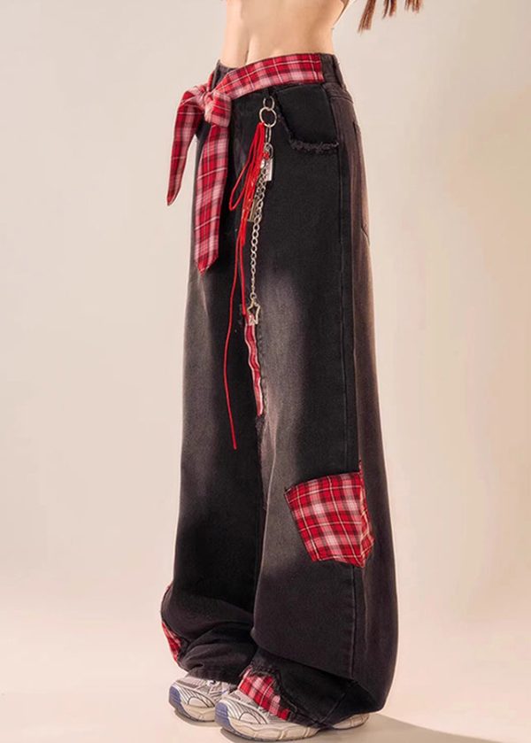 Vintage Black Bow Plaid Patchwork Denim Wide Leg Pants Summer - Image 5
