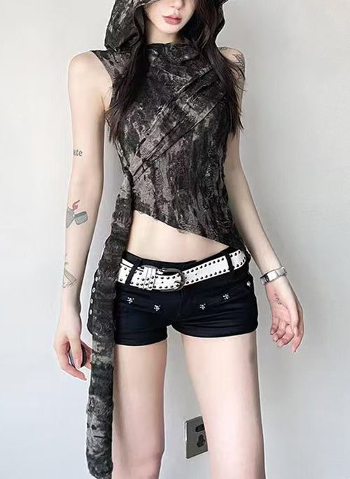 Vintage Black Hooded Original Design Cotton Tank Sleeveless