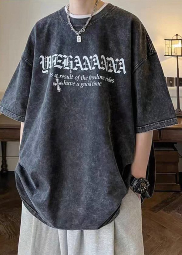 Vintage Black Letter Cotton Men's T Shirts O Neck Half Sleeve - Image 3